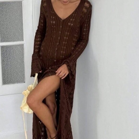 Brown Casual Women's Long Sleeve Button Elegant Crochet caridgan - Picture 6 of 8